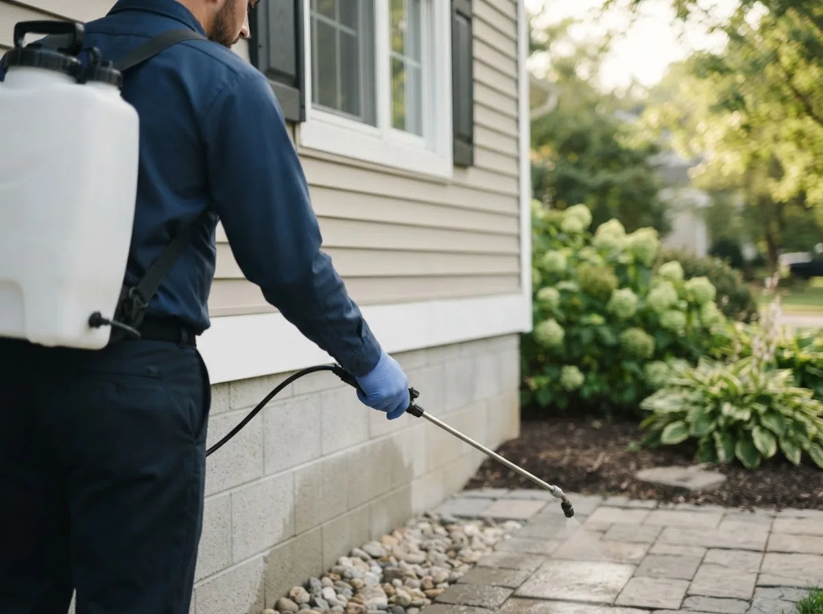 Pest control technician inspecting a home in Blandford, MA